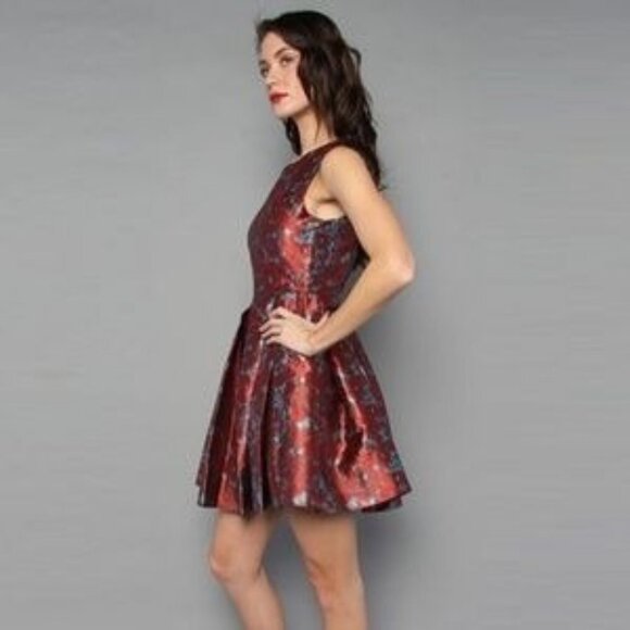 BB Dakota Cocktail Dress Box Pleated Red Brocade Abstract Fit+Flare Size 2 - Picture 14 of 14